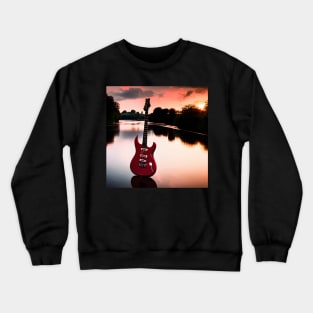 A Red Guitar Stadning On The River Thames in English Countryside At Sunset Crewneck Sweatshirt